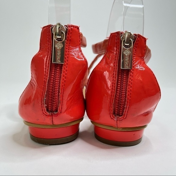 ISOLÁ Coral Peach Orange Snakeskin Gold Tipped T-Strap Cleopatra Sandals Shoes - Picture 3 of 12